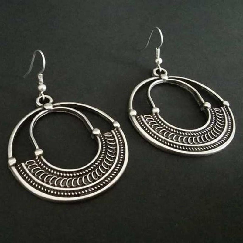 Geometric Round Hollow Antique Silver Earrings European And American Personalized Trending Earrings - Unique