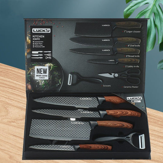 Six - Piece Set Of Stainless Steel Knives With Wooden Handle - Unique