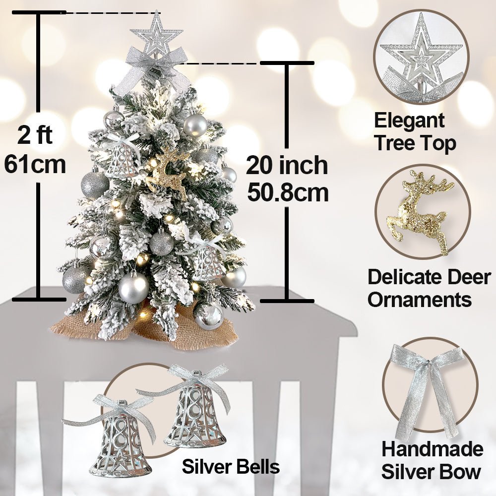 2ft Mini Christmas Tree With Light Artificial Small Tabletop Christmas Decoration With Flocked Snow, Exquisite Decor & Xmas Ornaments For Table Top For Home & Office - Unique