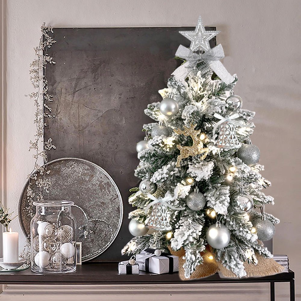 2ft Mini Christmas Tree With Light Artificial Small Tabletop Christmas Decoration With Flocked Snow, Exquisite Decor & Xmas Ornaments For Table Top For Home & Office - Unique