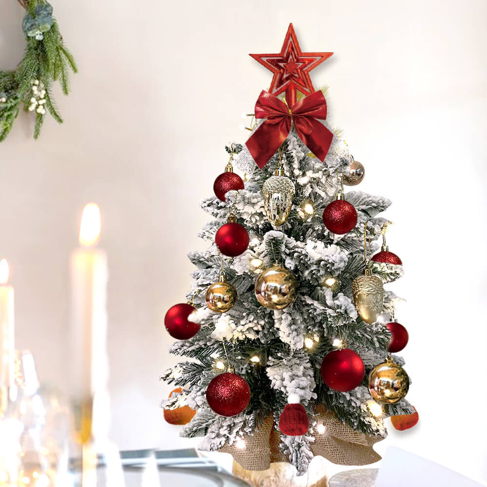 2ft Mini Christmas Tree With Light Artificial Small Tabletop Christmas Decoration With Flocked Snow, Exquisite Decor & Xmas Ornaments For Table Top For Home & Office - Unique