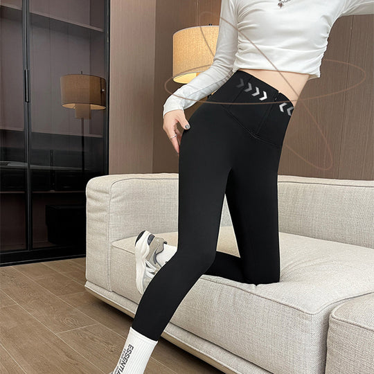 Belly-controlling Butt Lifting Leggings With Three-breasted Design Winter High Waist Slim Zippere Pants Warm Velvet And Thickened Trousers Women Clothing