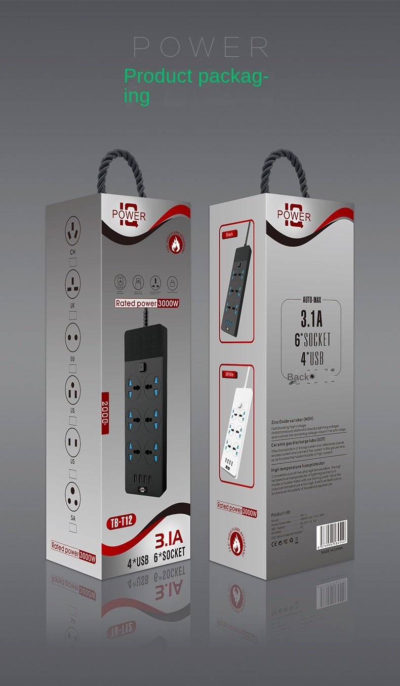 2024 New 3000W Power Strip With Built - in 4USB Interface, 6 Direct Power Sockets, 2M Cable, High - power Strip - Unique