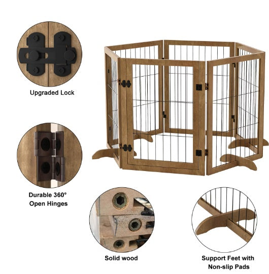 Dog Gate With Door Walk Through 144 Extra Wide 32 Tall 6 Panels Foldable Wire Pet Gate Barrier For House Doorway Stairs Pet Puppy Safety Fence Support Feet Included Solid Hard Wood