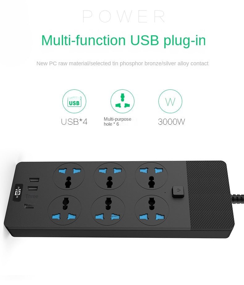 2024 New 3000W Power Strip With Built - in 4USB Interface, 6 Direct Power Sockets, 2M Cable, High - power Strip - Unique