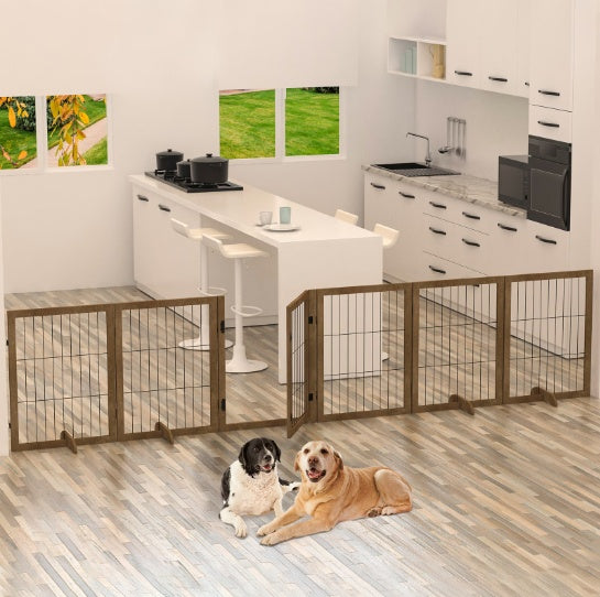 Dog Gate With Door Walk Through 144 Extra Wide 32 Tall 6 Panels Foldable Wire Pet Gate Barrier For House Doorway Stairs Pet Puppy Safety Fence Support Feet Included Solid Hard Wood