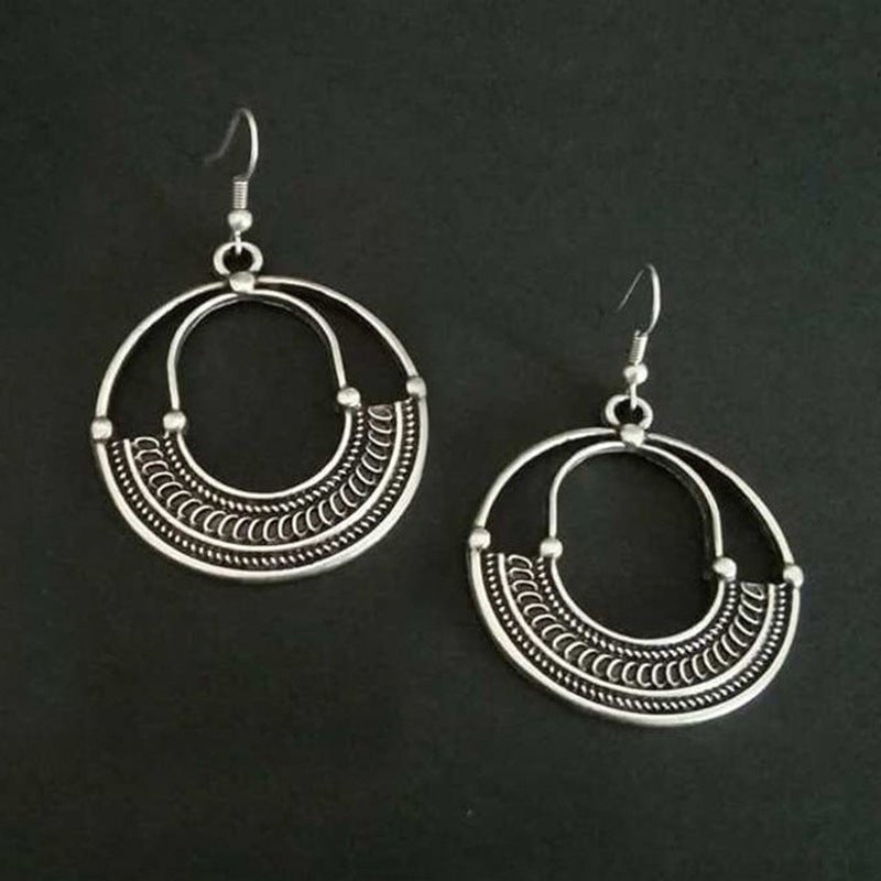 Geometric Round Hollow Antique Silver Earrings European And American Personalized Trending Earrings - Unique