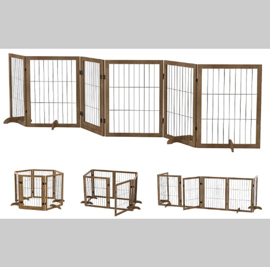 Dog Gate With Door Walk Through 144 Extra Wide 32 Tall 6 Panels Foldable Wire Pet Gate Barrier For House Doorway Stairs Pet Puppy Safety Fence Support Feet Included Solid Hard Wood