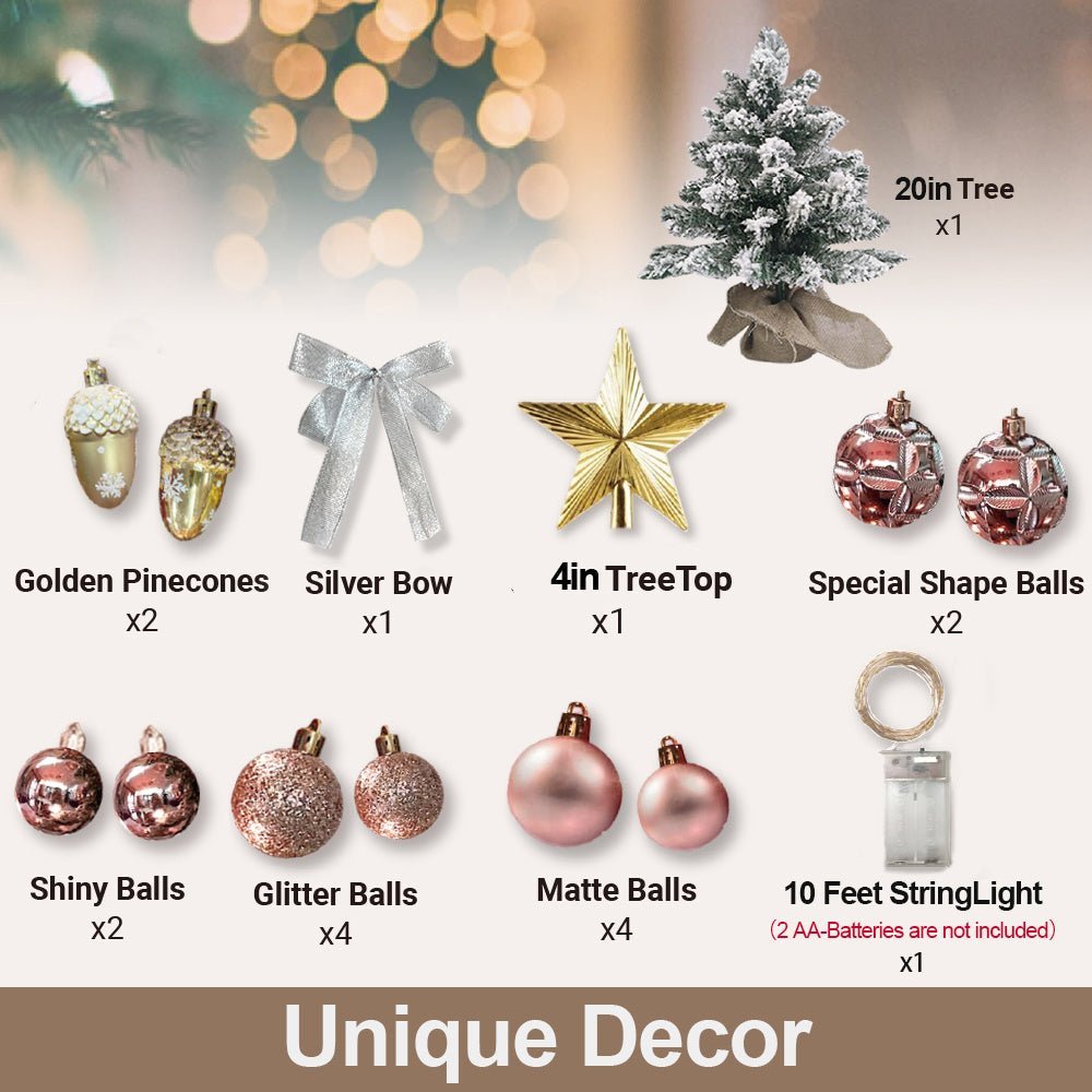 2ft Mini Christmas Tree With Light Artificial Small Tabletop Christmas Decoration With Flocked Snow, Exquisite Decor & Xmas Ornaments For Table Top For Home & Office, Rose Gold - Unique