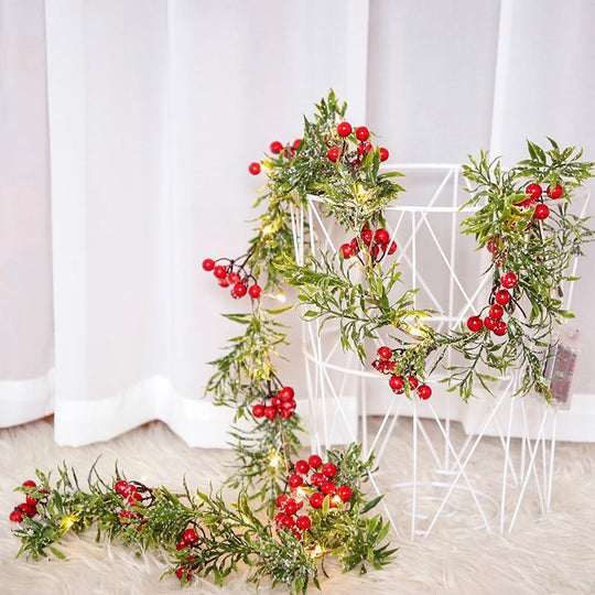 Christmas Decoration Red Fruit Light Needles Leaf Garland Fairy Night Light For Home Wedding Party - Unique