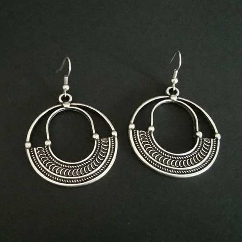 Geometric Round Hollow Antique Silver Earrings European And American Personalized Trending Earrings - Unique