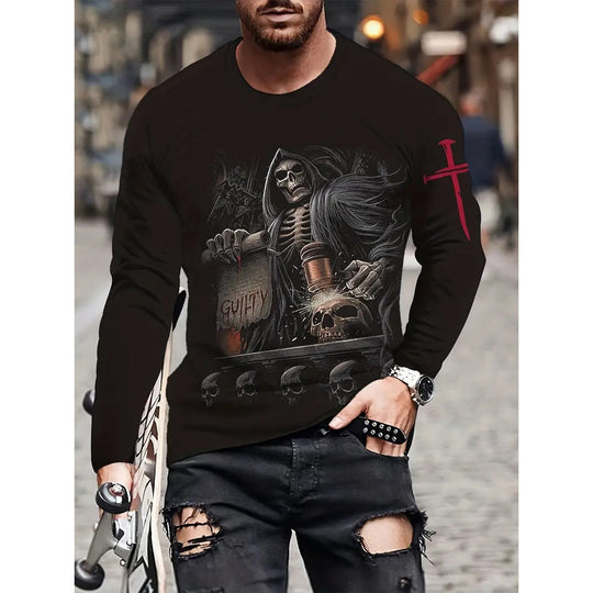 Retro Men's T-shirt 3D Printed Street Hip-hop Loose Crew Neck Casual Long Sleeve