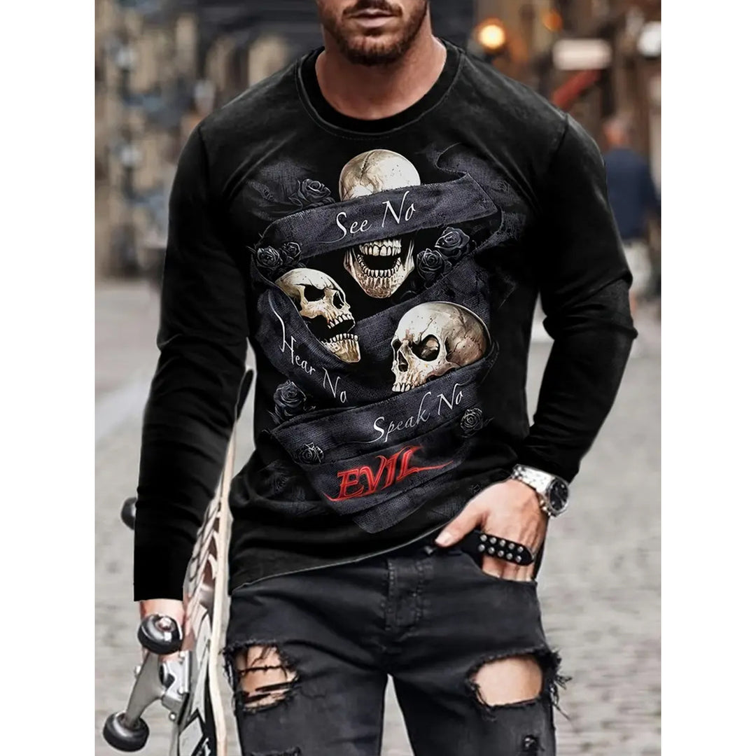 Retro Men's T-shirt 3D Printed Street Hip-hop Loose Crew Neck Casual Long Sleeve