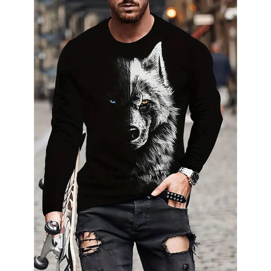 Retro Men's T-shirt 3D Printed Street Hip-hop Loose Crew Neck Casual Long Sleeve