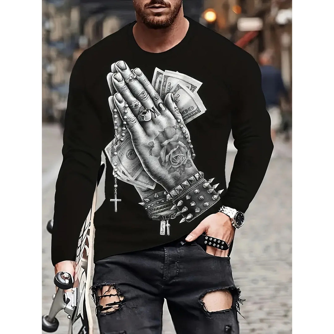 Retro Men's T-shirt 3D Printed Street Hip-hop Loose Crew Neck Casual Long Sleeve