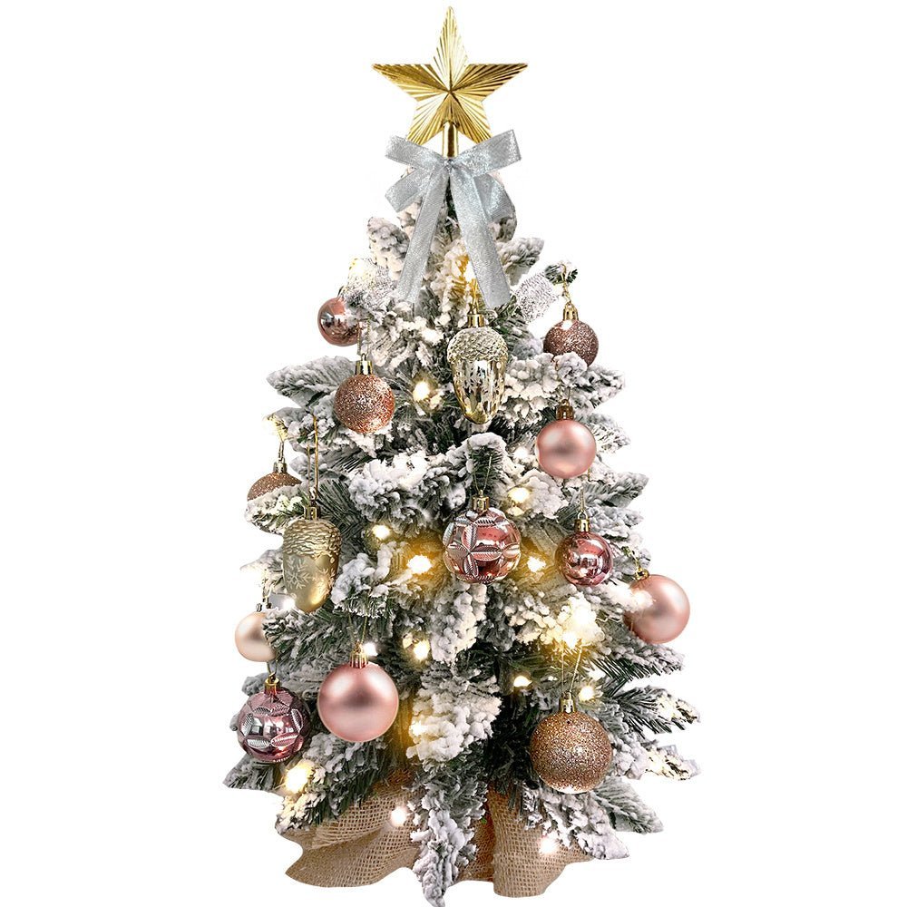 2ft Mini Christmas Tree With Light Artificial Small Tabletop Christmas Decoration With Flocked Snow, Exquisite Decor & Xmas Ornaments For Table Top For Home & Office, Rose Gold - Unique