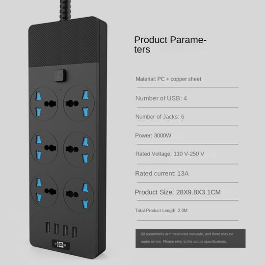 2024 New 3000W Power Strip With Built - in 4USB Interface, 6 Direct Power Sockets, 2M Cable, High - power Strip - Unique