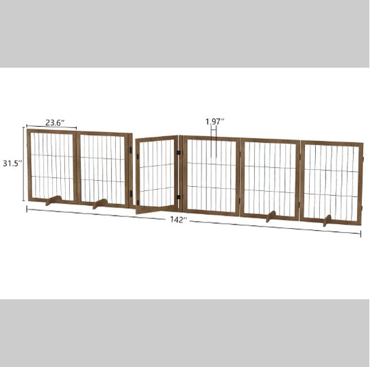 Dog Gate With Door Walk Through 144 Extra Wide 32 Tall 6 Panels Foldable Wire Pet Gate Barrier For House Doorway Stairs Pet Puppy Safety Fence Support Feet Included Solid Hard Wood