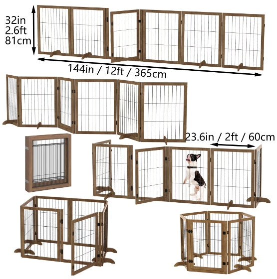 Dog Gate With Door Walk Through 144 Extra Wide 32 Tall 6 Panels Foldable Wire Pet Gate Barrier For House Doorway Stairs Pet Puppy Safety Fence Support Feet Included Solid Hard Wood