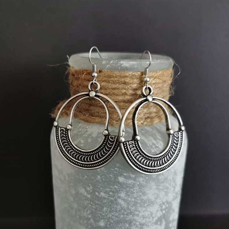 Geometric Round Hollow Antique Silver Earrings European And American Personalized Trending Earrings - Unique