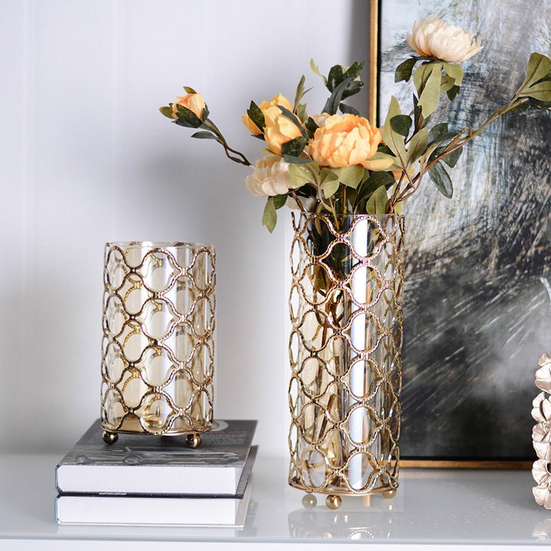 Hollow Out Glass Vases Golden Flower Arrangement Metal - Unique